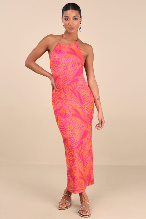 Camadi Hot Pink Animal Print Mesh Backless Midi Dress