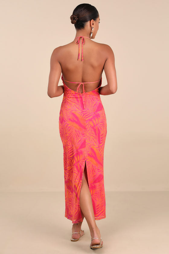 Camadi Hot Pink Animal Print Mesh Backless Midi Dress