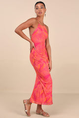 Camadi Hot Pink Animal Print Mesh Backless Midi Dress