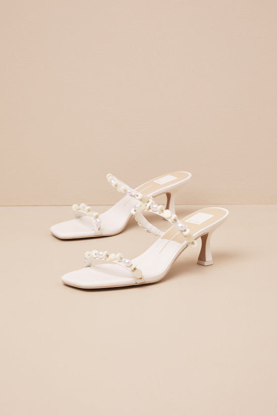Grason White Leather Pearl Beaded High Heel Slide Sandals