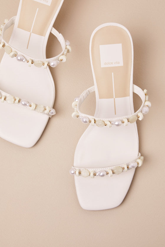 Grason White Leather Pearl Beaded High Heel Slide Sandals
