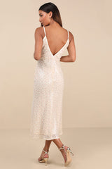 Edaline Cream Floral Sequin Slip Midi Dress