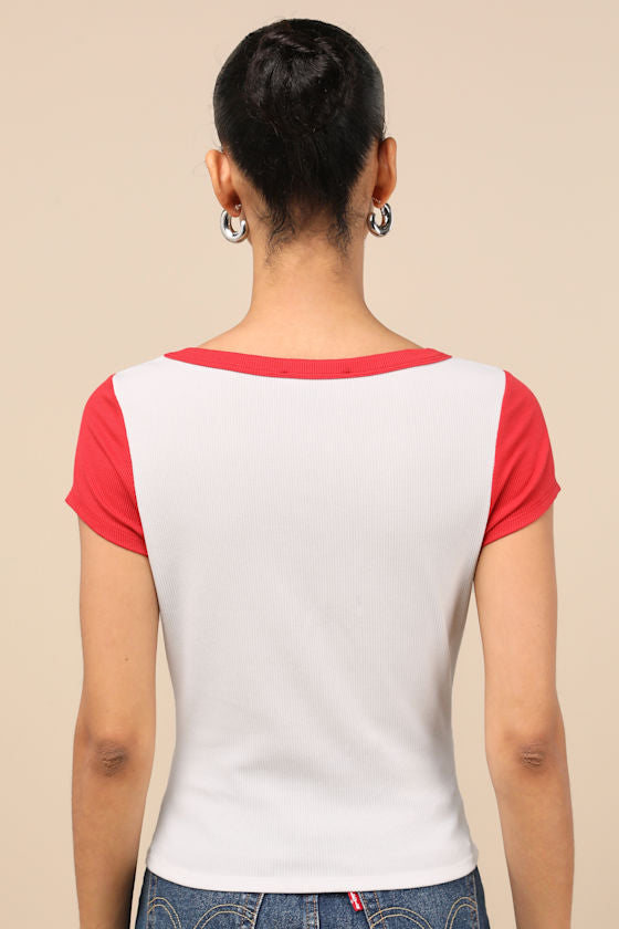 Jessie White and Red Ribbed Knit Crew Neck Baby Tee