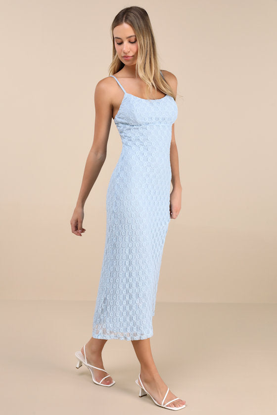 Lucky Girl Light Blue Sleeveless Lace Midi Dress