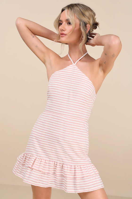 Corilie Pink and White Striped Halter Mini Dress