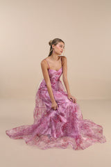 Exclusive Glamour Pink Floral Organza Tiered Maxi Dress