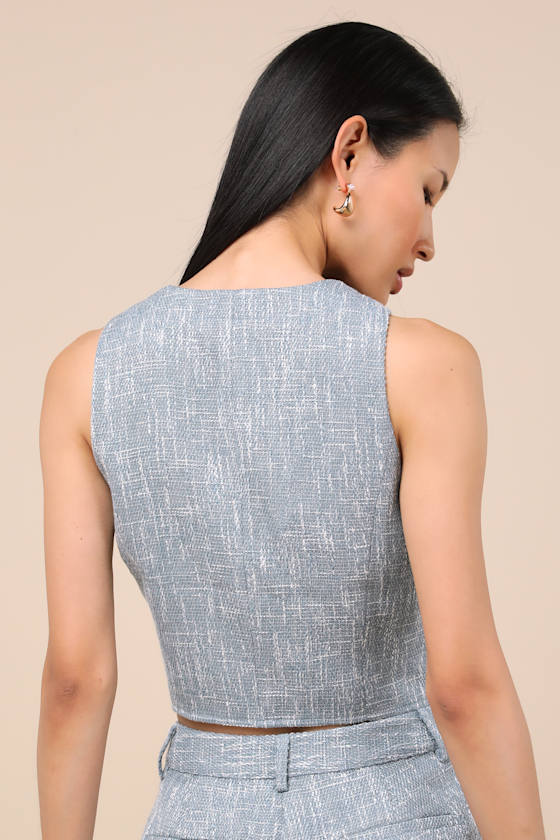 Alfonsa Light Blue Tweed Button-Front Vest Top