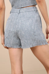Alfonsa Light Blue Tweed Frayed High-Rise Shorts