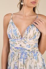 Niora Beige and Blue Floral Pleated Maxi Dress