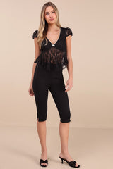 Eliara Black Lace Cap Sleeve Babydoll Top