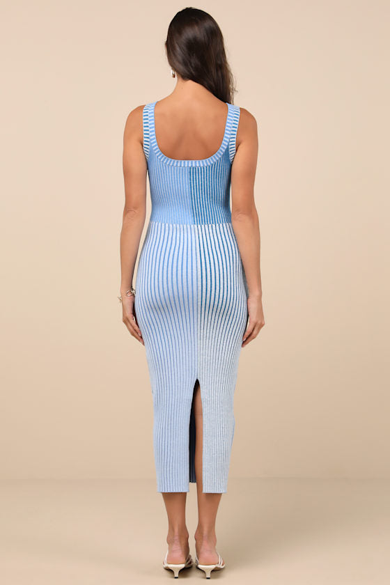 Radiant Personality Blue Color Block Ribbed Knit Midi Dress