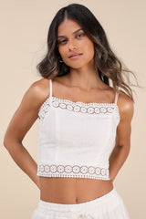 Anthoula White Eyelet Embroidered Crochet Lace Crop Top