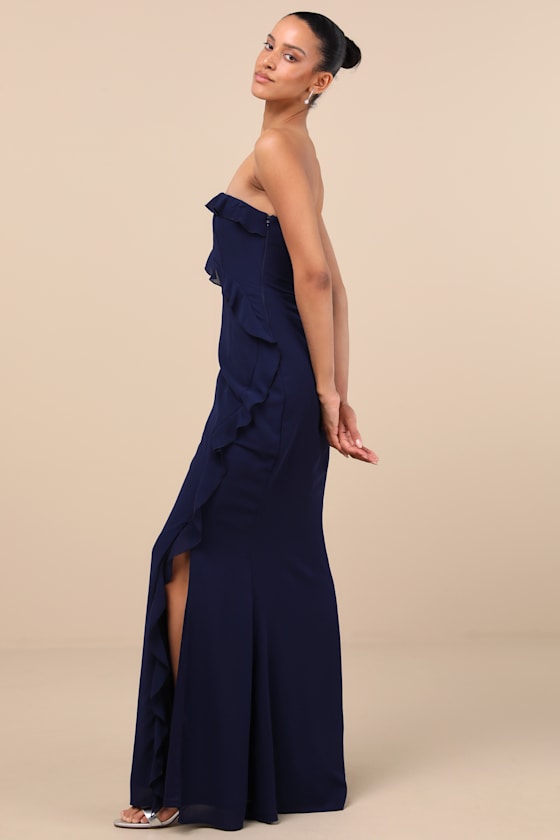 Excellent Sensation Navy Strapless Ruffled Maxi Dress