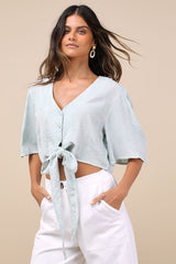 Delightful Darling Mint Floral Embroidered Tie-Front Crop Top