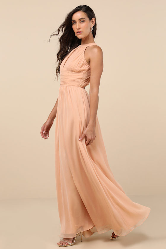 Sintra Peach Pleated Backless Maxi Dress