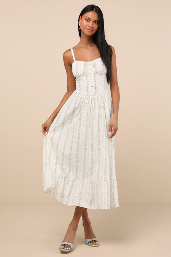 Odilie Cream Floral Lace Sleeveless Midi Dress