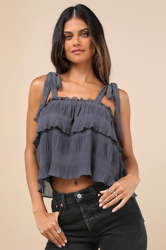 Tiers to Summer Dark Slate Blue Tie-Strap Tiered Tank Top