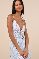 Sandi Light Blue Floral Tie-Front Midi Dress
