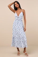 Sandi Light Blue Floral Tie-Front Midi Dress