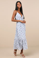 Sandi Light Blue Floral Tie-Front Midi Dress