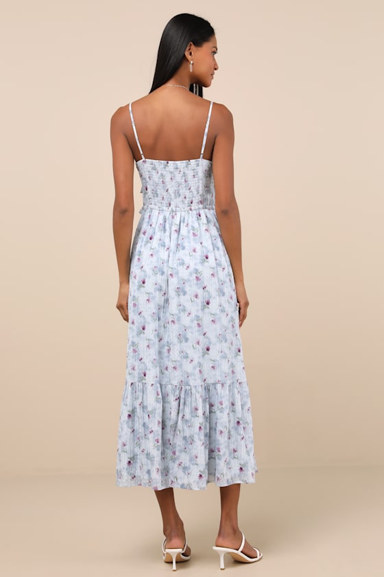 Sandi Light Blue Floral Tie-Front Midi Dress