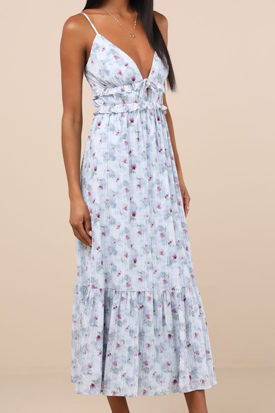 Sandi Light Blue Floral Tie-Front Midi Dress