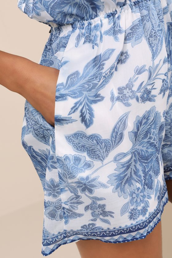 Moya Blue and White Floral Halter Romper