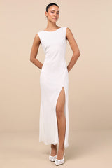 Yaneli White Boat Neck Cowl Back Maxi Dress