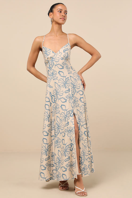 Angelika Beige Floral Sleeveless Midi Dress