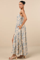 Angelika Beige Floral Sleeveless Midi Dress