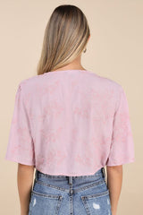 Delightful Darling Pink Floral Embroidered Tie-Front Crop Top