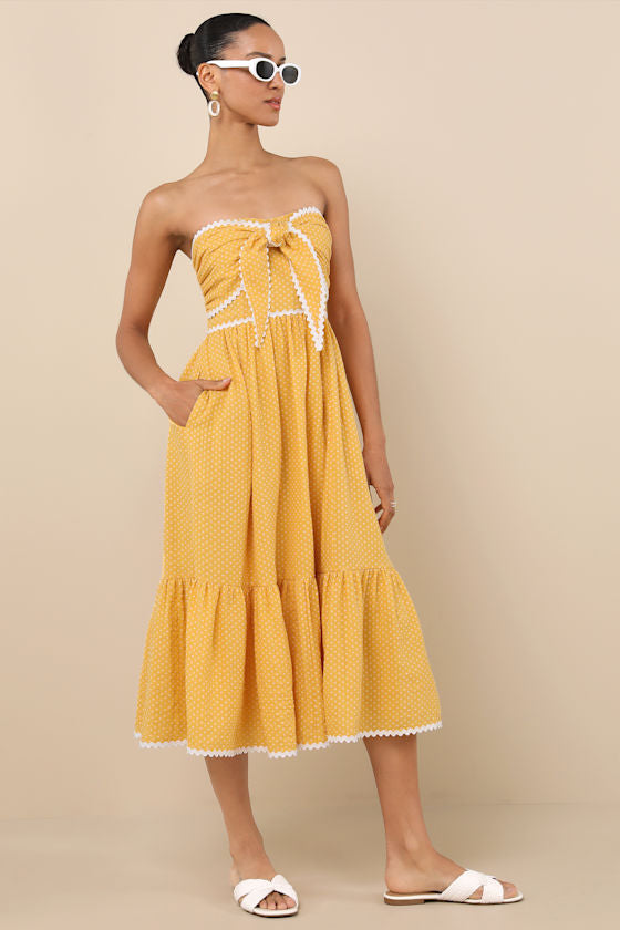 Delightful Design Yellow Polka Dot Midi Dress With Pockets