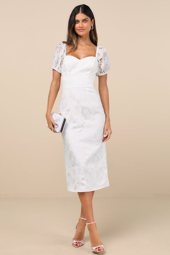 Odetta White Burnout Puff Sleeve Lace-Up Midi Dress