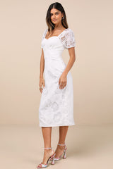 Odetta White Burnout Puff Sleeve Lace-Up Midi Dress