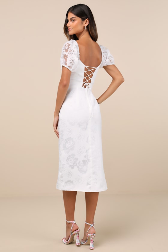 Odetta White Burnout Puff Sleeve Lace-Up Midi Dress
