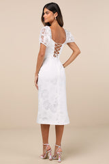 Odetta White Burnout Puff Sleeve Lace-Up Midi Dress