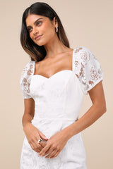 Odetta White Burnout Puff Sleeve Lace-Up Midi Dress
