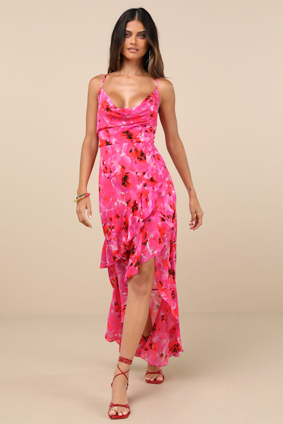 Navina Pink and Red Floral High-Low Midi Dress