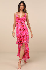 Navina Pink and Red Floral High-Low Midi Dress