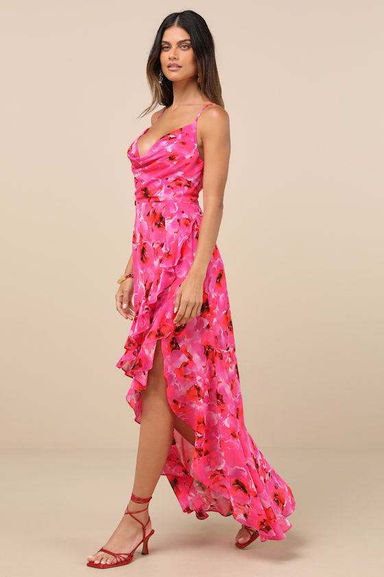 Navina Pink and Red Floral High-Low Midi Dress