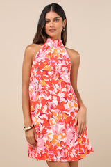 Tied Back To You Red and Pink Floral Print Mini Shift Dress