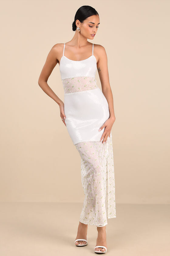 Malone White Sheer Sequin Embroidered Maxi Dress
