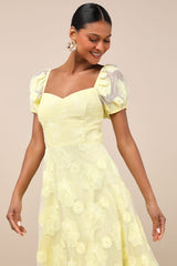 Sweetest Behavior Yellow Embroidered Puff Sleeve Midi Dress