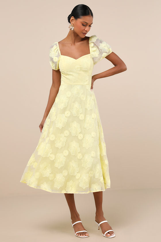 Sweetest Behavior Yellow Embroidered Puff Sleeve Midi Dress