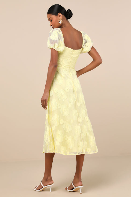 Sweetest Behavior Yellow Embroidered Puff Sleeve Midi Dress