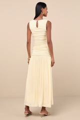 Tamber Light Yellow Jersey Knit Drop Waist Midi Dress