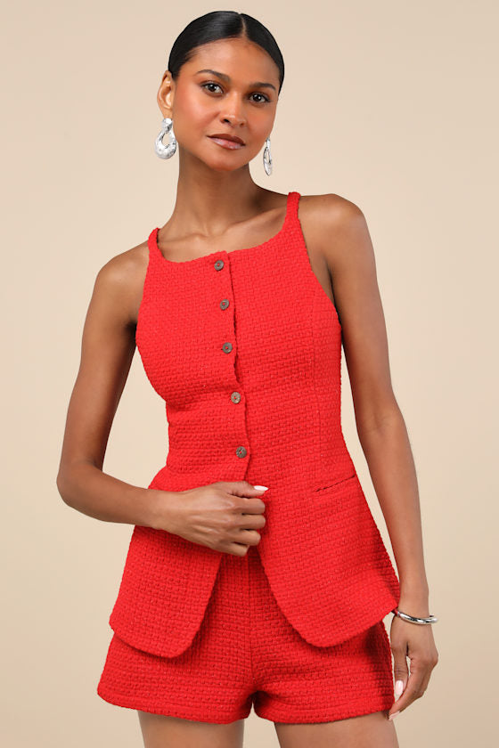 Mariette Red Knit Button-Front Vest Top