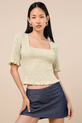 Enna Pale Green Smocked Short Sleeve Top