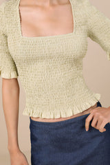Enna Pale Green Smocked Short Sleeve Top