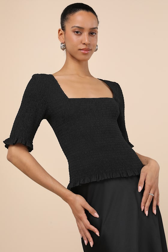 Enna Black Smocked Short Sleeve Top